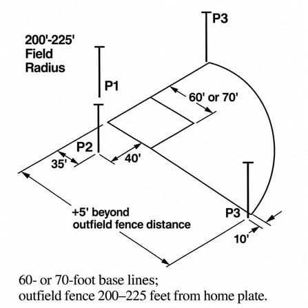 Four-pole LED lighting layout for a youth baseball field: two poles beside home plate, two in left- and right-center field