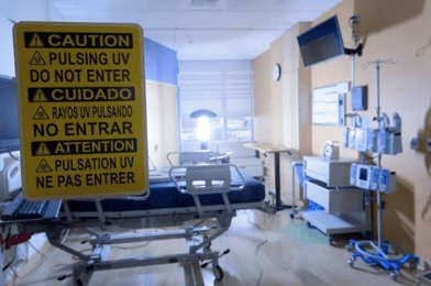 UV Lighting Warning Sign in Hospital Room During Disinfection