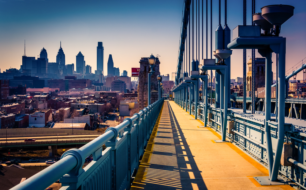 The Ben Franklin Bridge Walkway and skyline, in Philadelphia, Pennsylvania.-1