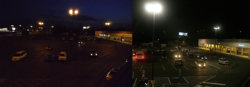 stouch lighting photometric analysis of retail parking lot, with special lighting arrangement to comply with required codes